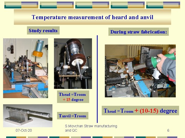 Temperature measurement of heard anvil Study results During straw fabrication: Thead =Troom + 15