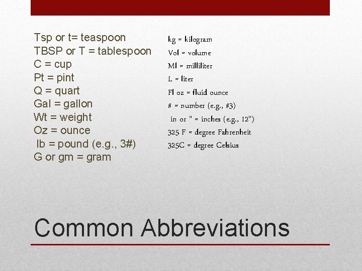 Tsp or t= teaspoon TBSP or T = tablespoon C = cup Pt =