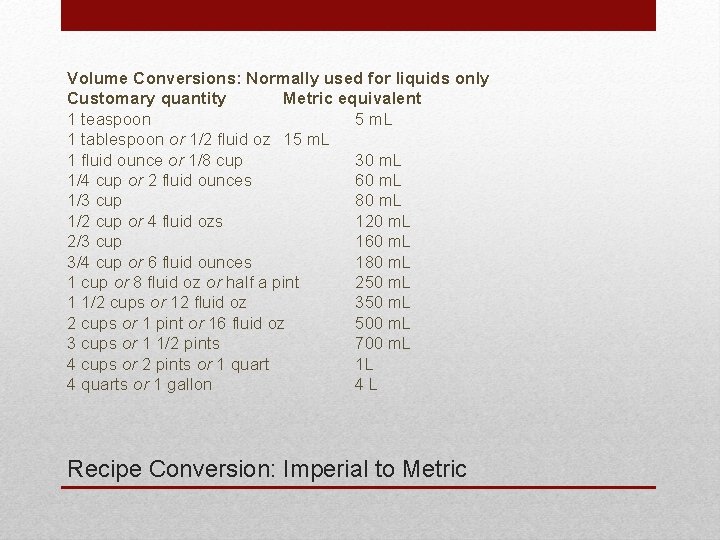 Volume Conversions: Normally used for liquids only Customary quantity Metric equivalent 1 teaspoon 5