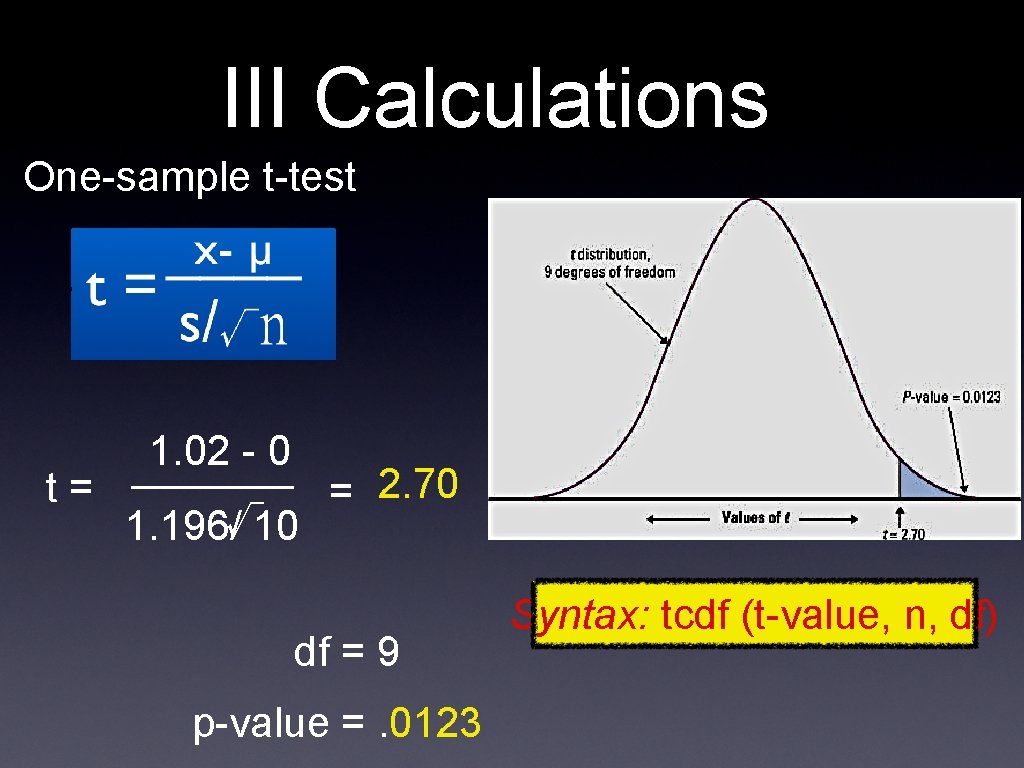 III Calculations One-sample t-test t = 1. 02 - 0 √ 1. 196/ 10