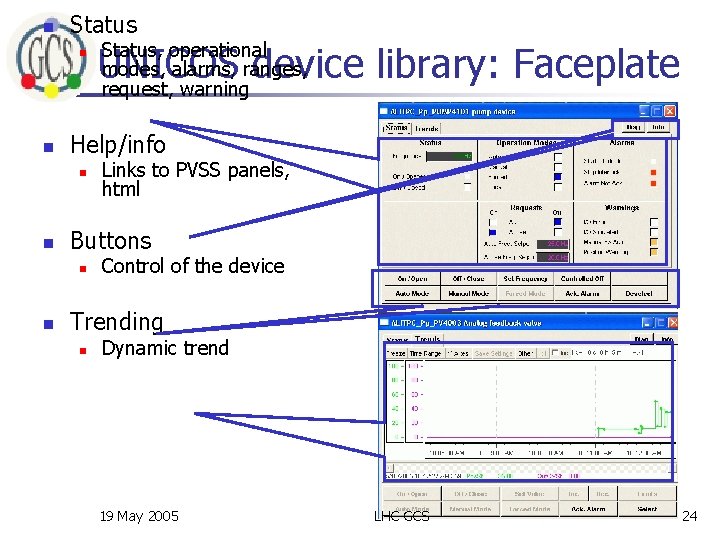 n Status n n Links to PVSS panels, html Buttons n n UNICOS device