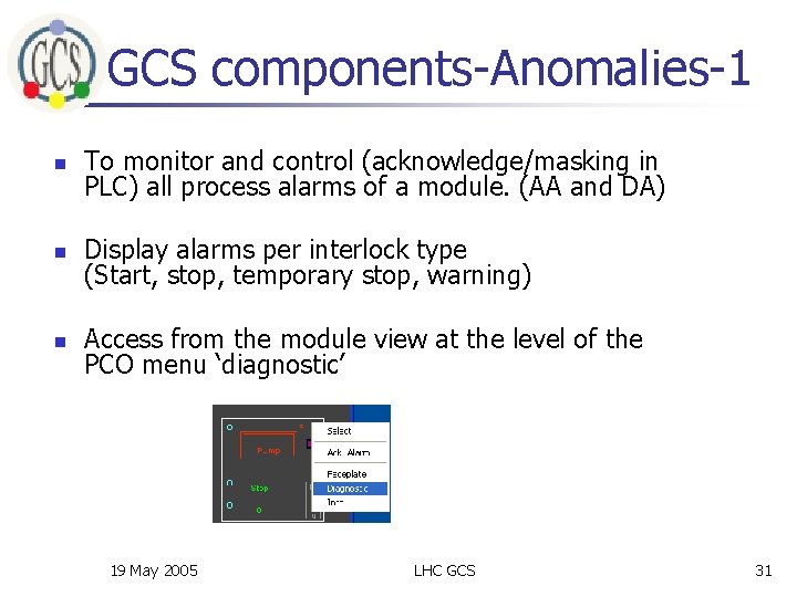 GCS components-Anomalies-1 n To monitor and control (acknowledge/masking in PLC) all process alarms of