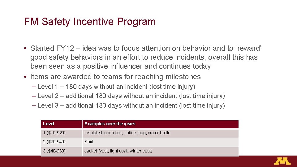 FM Safety Incentive Program • Started FY 12 – idea was to focus attention