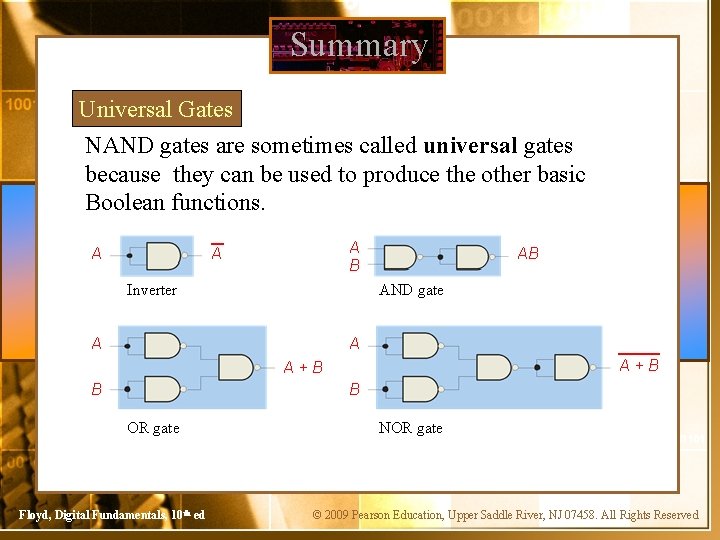 Summary Universal Gates NAND gates are sometimes called universal gates because they can be