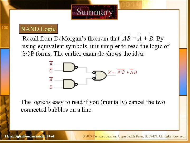 Summary NAND Logic Recall from De. Morgan’s theorem that AB = A + B.