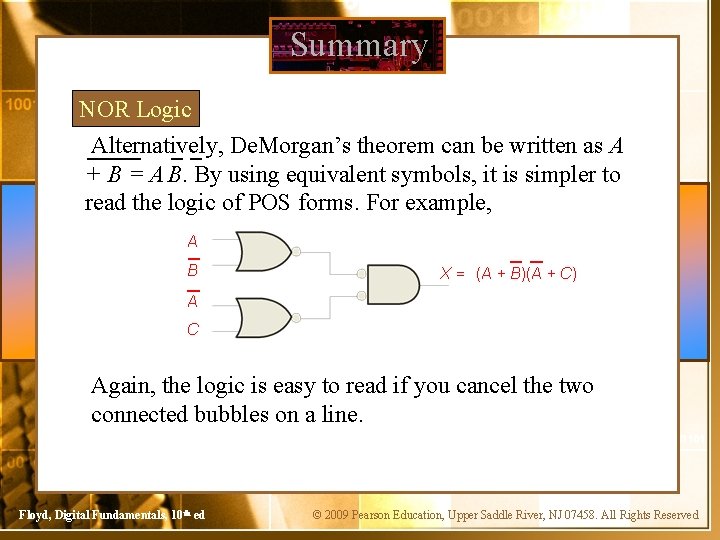 Summary NOR Logic Alternatively, De. Morgan’s theorem can be written as A + B