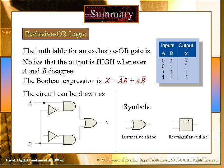 Summary Exclusive-OR Logic The truth table for an exclusive-OR gate is Notice that the