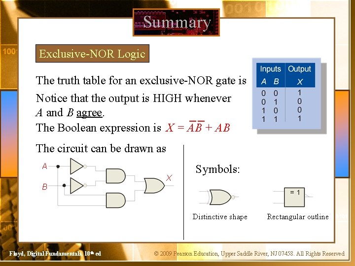 Summary Exclusive-NOR Logic The truth table for an exclusive-NOR gate is Notice that the