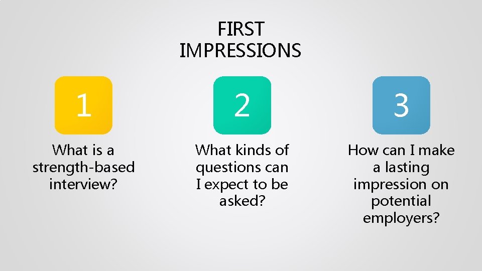 FIRST IMPRESSIONS 1 2 3 What is a strength-based interview? What kinds of questions