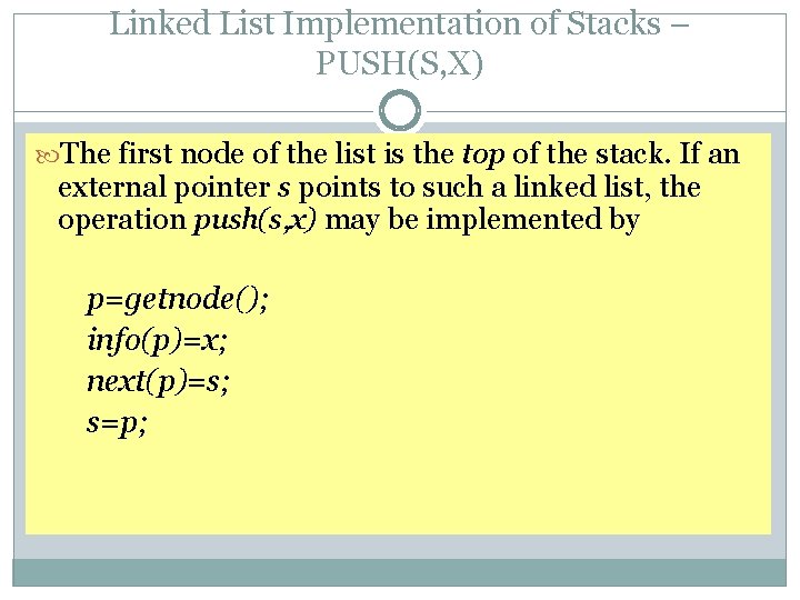 Linked List Implementation of Stacks – PUSH(S, X) The first node of the list