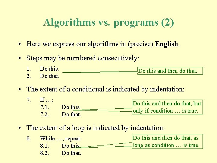 Algorithms vs. programs (2) • Here we express our algorithms in (precise) English. •