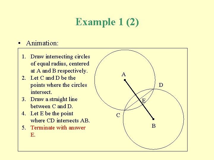 Example 1 (2) • Animation: 1. Draw intersecting circles of equal radius, centered at