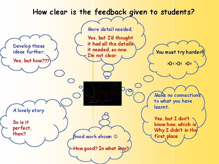 How clear is the feedback given to students? More detail needed. Develop these ideas How clear is the feedback given to students? More detail needed. Develop these ideas
