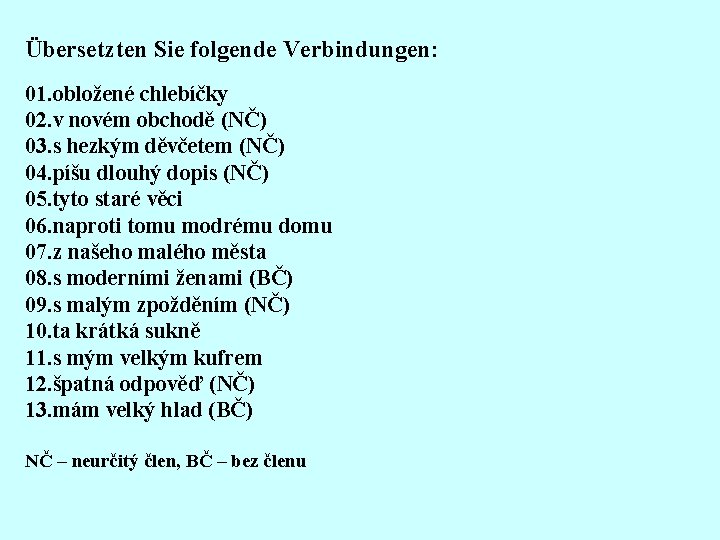 Übersetzten Sie folgende Verbindungen: 01. obložené chlebíčky 02. v novém obchodě (NČ) 03. s