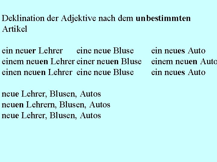Deklination der Adjektive nach dem unbestimmten Artikel ein neuer Lehrer eine neue Bluse einem Deklination der Adjektive nach dem unbestimmten Artikel ein neuer Lehrer eine neue Bluse einem