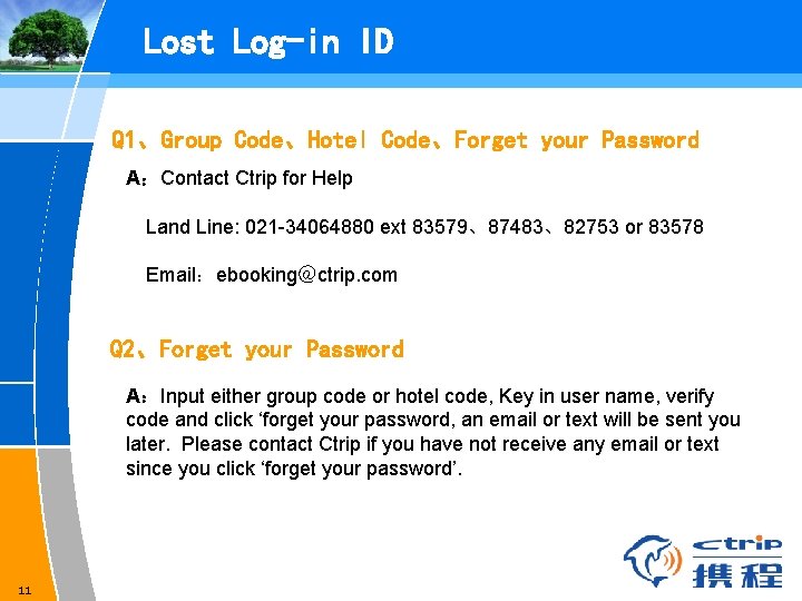 Lost Log-in ID Q 1、Group Code、Hotel Code、Forget your Password A：Contact Ctrip for Help 　Land