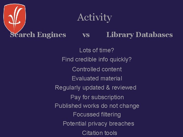 Activity Search Engines vs Library Databases Lots of time? Find credible info quickly? Controlled