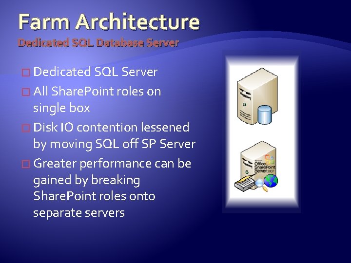 Farm Architecture Dedicated SQL Database Server � Dedicated SQL Server � All Share. Point