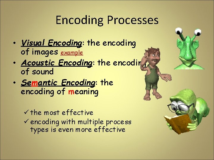 Encoding Processes • Visual Encoding: the encoding of images example • Acoustic Encoding: the