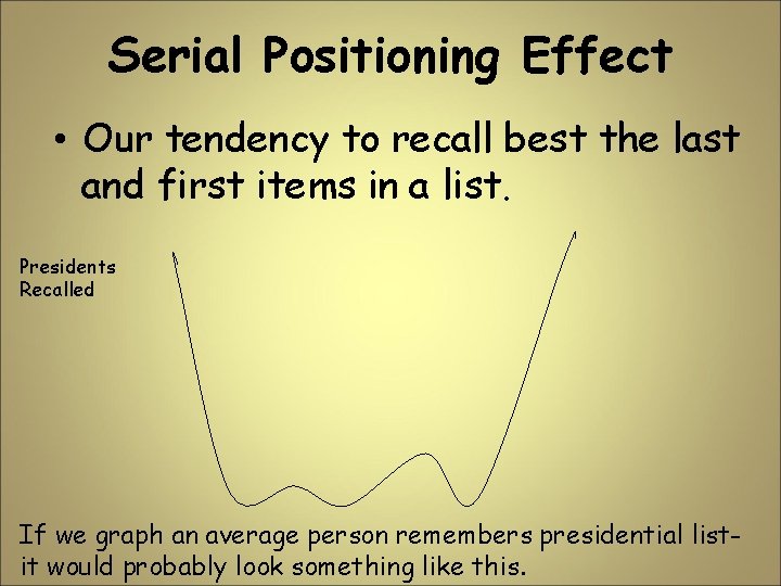 Serial Positioning Effect • Our tendency to recall best the last and first items Serial Positioning Effect • Our tendency to recall best the last and first items