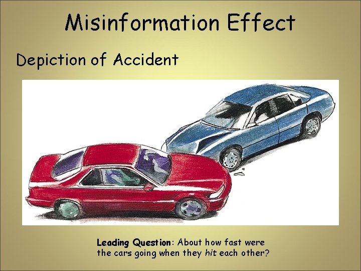 Misinformation Effect Depiction of Accident Leading Question: About how fast were the cars going