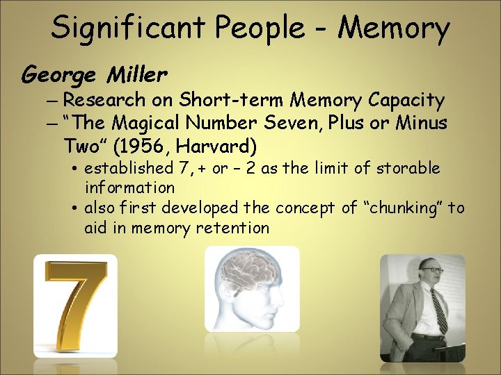 Significant People - Memory George Miller – Research on Short-term Memory Capacity – “The