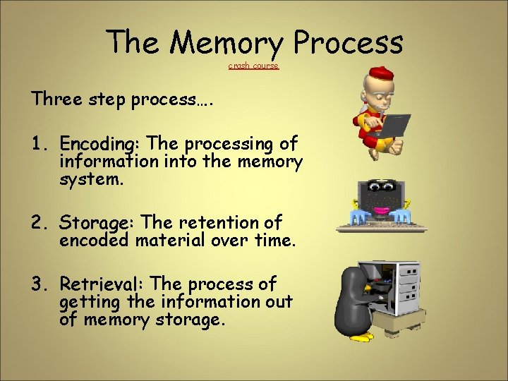 The Memory Process crash course Three step process…. 1. Encoding: The processing of information