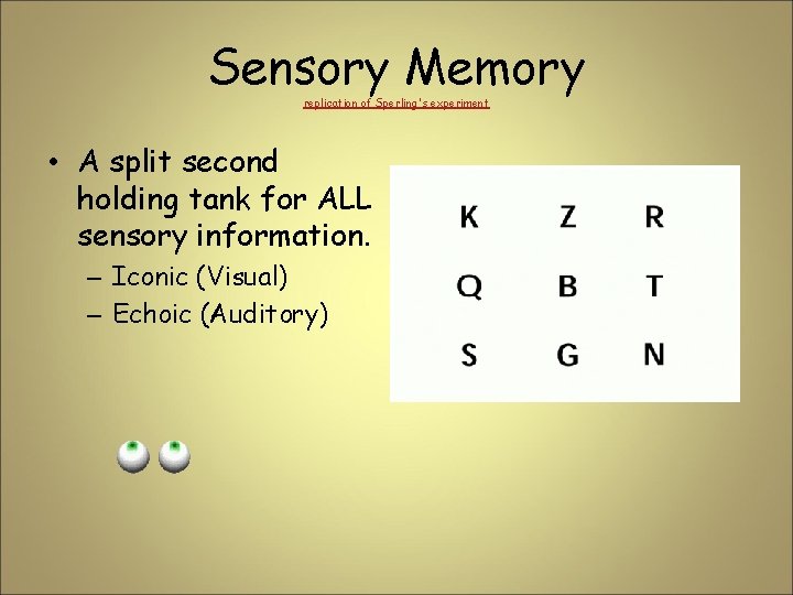 Sensory Memory replication of Sperling's experiment • A split second holding tank for ALL