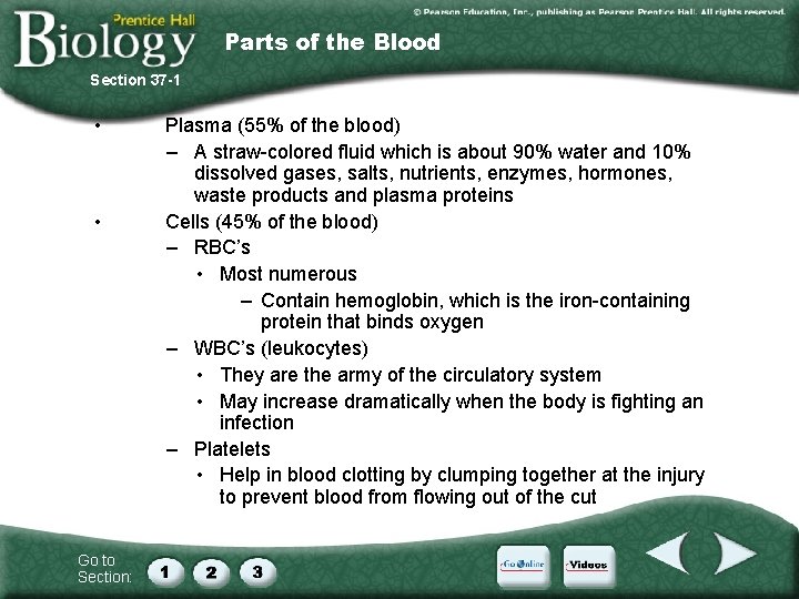 Parts of the Blood Section 37 -1 • • Go to Section: Plasma (55%