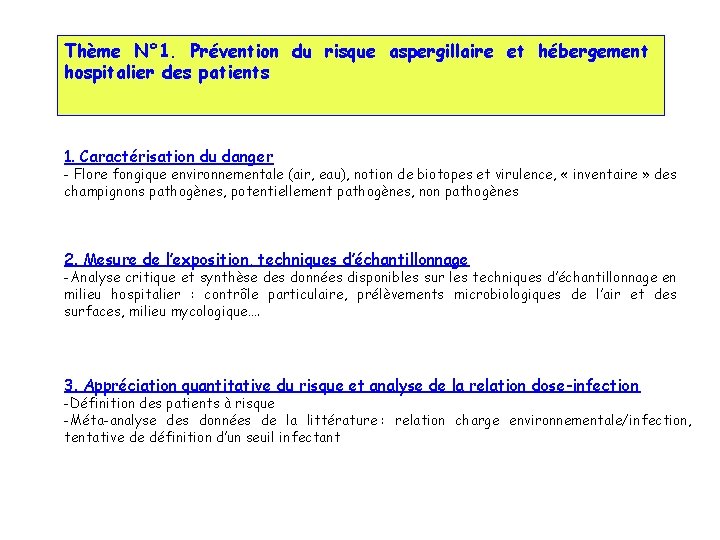 Thème N° 1. Prévention du risque aspergillaire et hébergement hospitalier des patients 1. Caractérisation