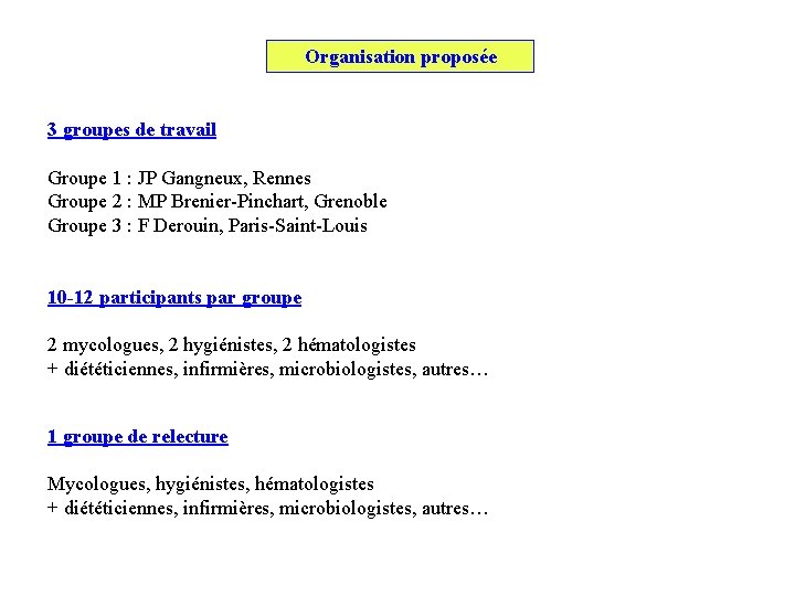 Organisation proposée 3 groupes de travail Groupe 1 : JP Gangneux, Rennes Groupe 2
