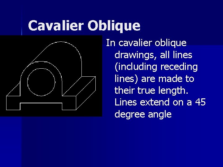 Cavalier Oblique In cavalier oblique drawings, all lines (including receding lines) are made to