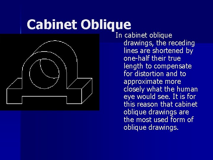 Cabinet Oblique In cabinet oblique drawings, the receding lines are shortened by one-half their