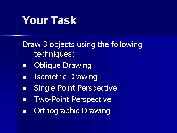 Your Task Draw 3 objects using the following techniques: n Oblique Drawing n Isometric