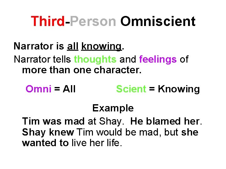 Third-Person Omniscient Narrator is all knowing. Narrator tells thoughts and feelings of more than Third-Person Omniscient Narrator is all knowing. Narrator tells thoughts and feelings of more than