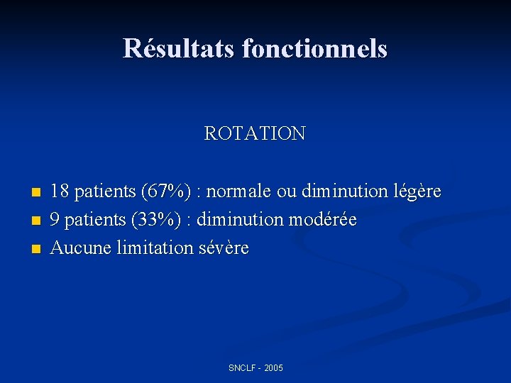 Résultats fonctionnels ROTATION n n n 18 patients (67%) : normale ou diminution légère