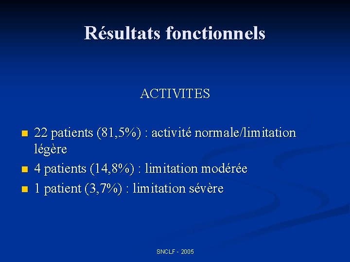 Résultats fonctionnels ACTIVITES n n n 22 patients (81, 5%) : activité normale/limitation légère