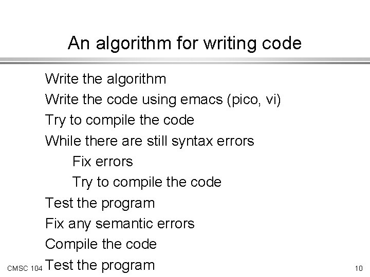 An algorithm for writing code Write the algorithm Write the code using emacs (pico, An algorithm for writing code Write the algorithm Write the code using emacs (pico,