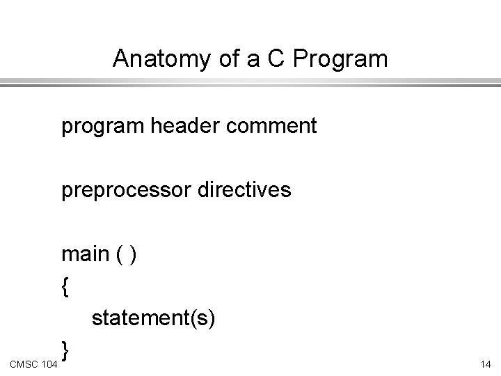 Anatomy of a C Program program header comment preprocessor directives main ( ) { Anatomy of a C Program program header comment preprocessor directives main ( ) {