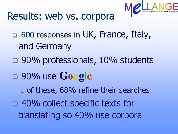 Results: web vs. corpora q 600 responses in UK, France, Italy, and Germany q