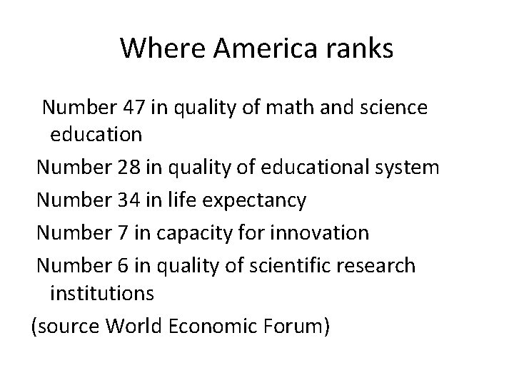 Where America ranks Number 47 in quality of math and science education Number 28
