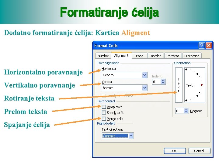 Formatiranje ćelija Dodatno formatiranje ćelija: Kartica Aligment Horizontalno poravnanje Vertikalno poravnanje Rotiranje teksta Prelom