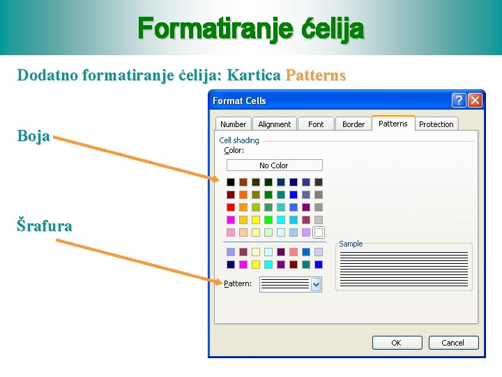 Formatiranje ćelija Dodatno formatiranje ćelija: Kartica Patterns Boja Šrafura 