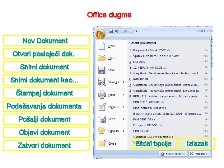 Office dugme Nov Dokument Otvori postojeći dok. Snimi dokument kao. . . Štampaj dokument