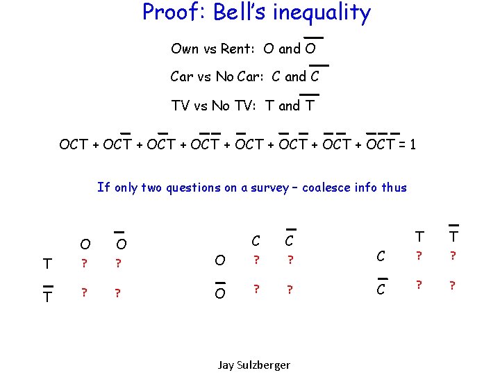 Proof: Bell’s inequality Own vs Rent: O and O Car vs No Car: C