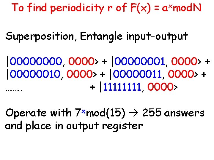 To find periodicity r of F(x) = axmod. N Superposition, Entangle input-output |0000, 0000>