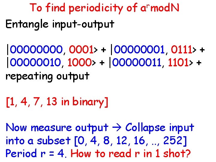 To find periodicity of armod. N Entangle input-output |0000, 0001> + |00000001, 0111> +