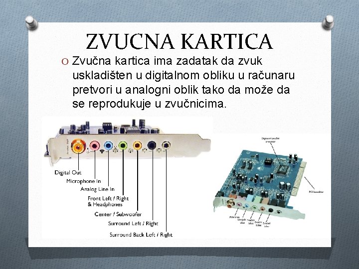 ZVUCNA KARTICA O Zvučna kartica ima zadatak da zvuk uskladišten u digitalnom obliku u