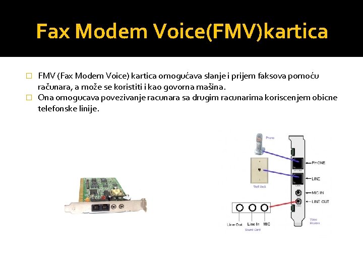 Fax Modem Voice(FMV)kartica FMV (Fax Modem Voice) kartica omogućava slanje i prijem faksova pomoću