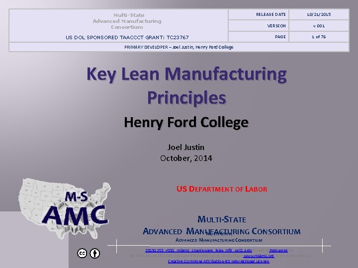  Multi-State Advanced Manufacturing Consortium RELEASE DATE 10/21/2015 VERSION PAGE US DOL SPONSORED TAACCCT